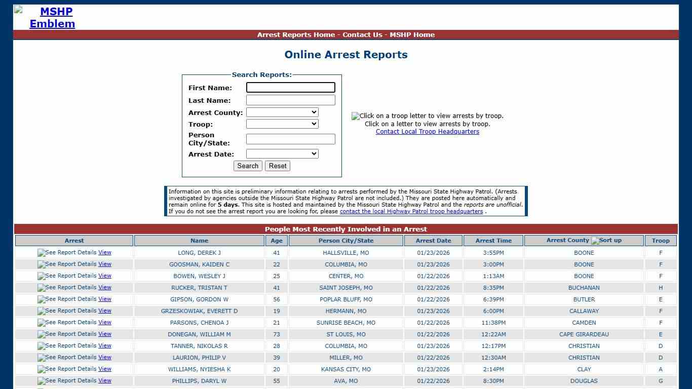 Missouri State Highway Patrol - Arrest Reports